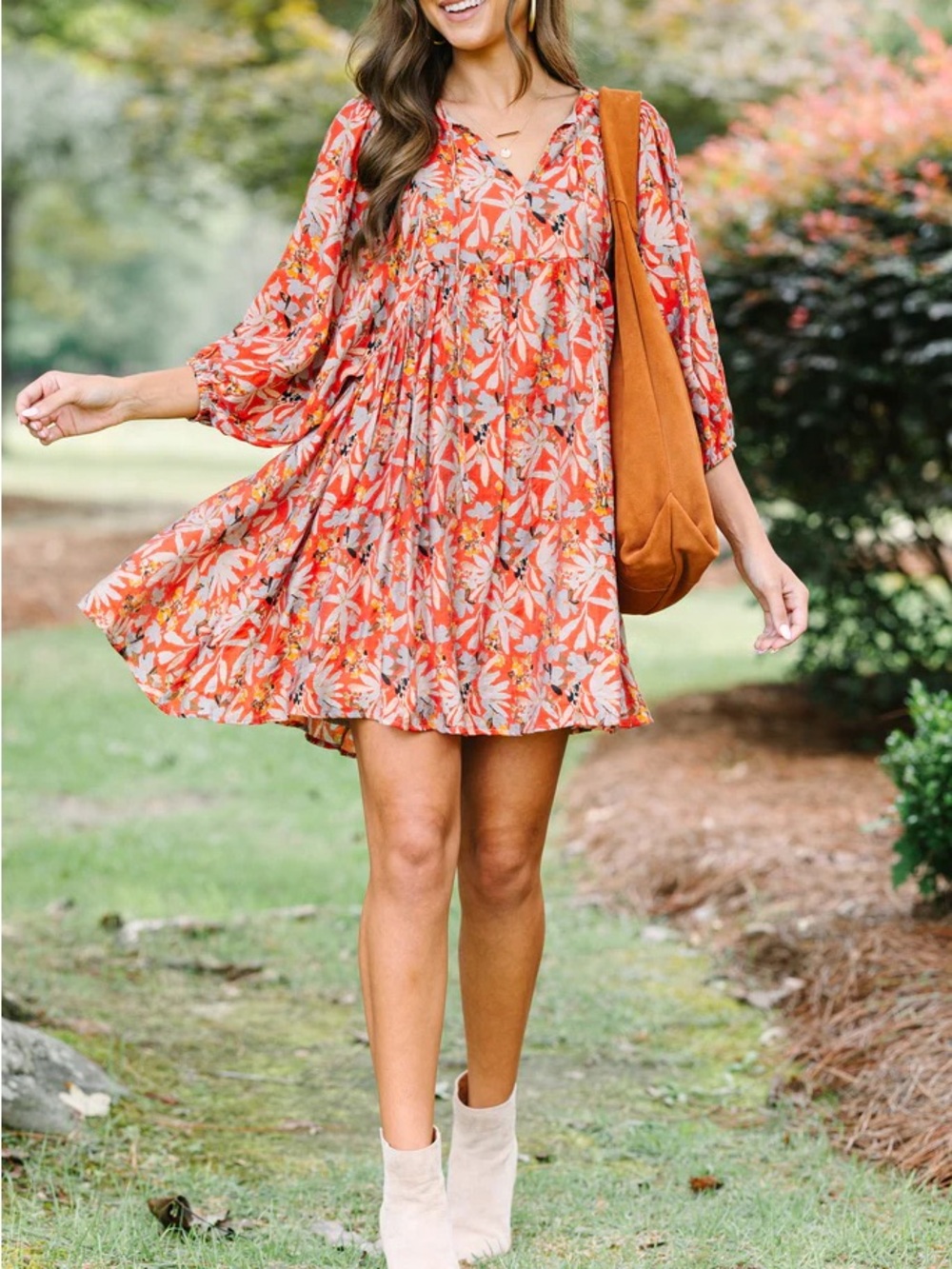 entro Orange Floral Long Sleeve Swing Dress